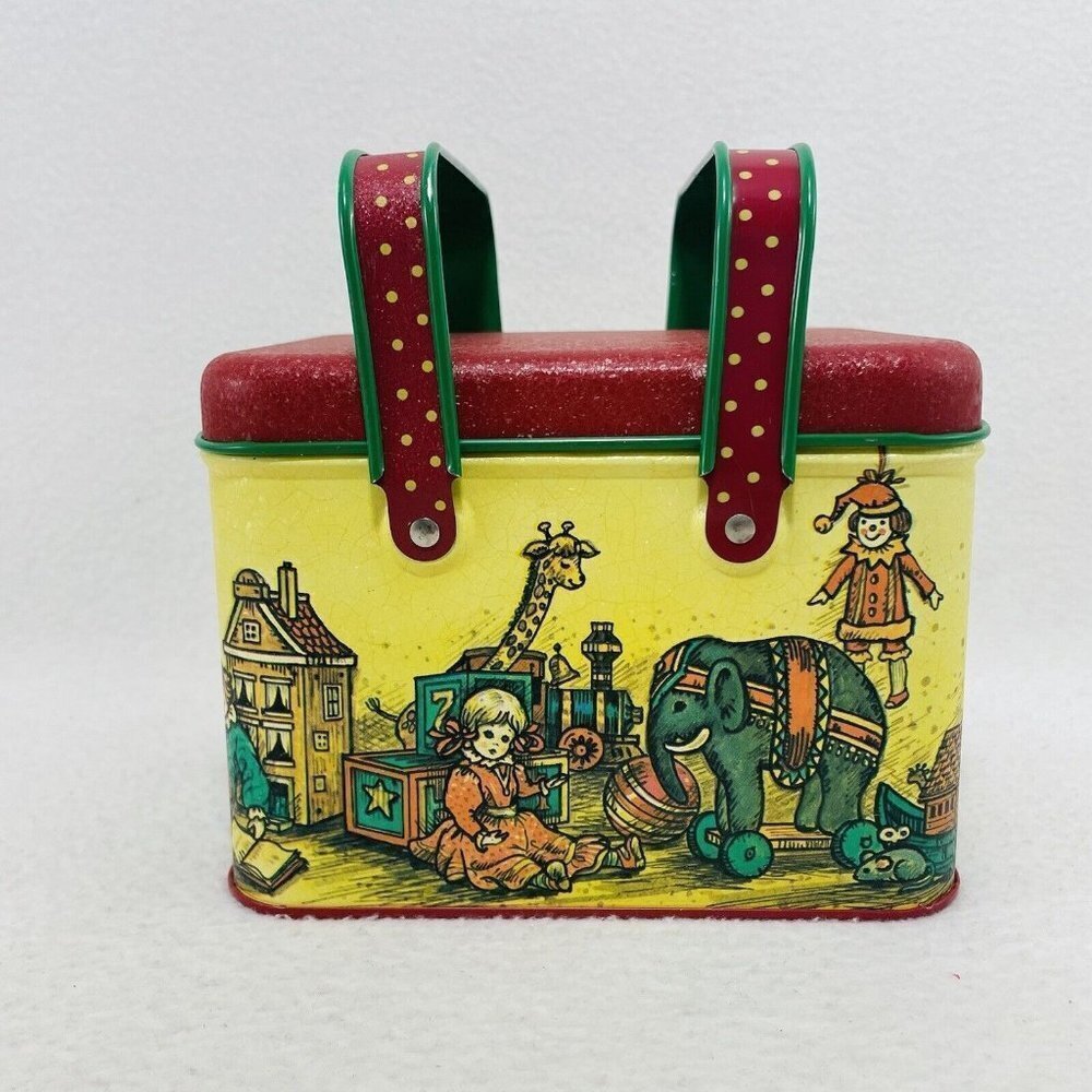 Vintage Potpourri Christmas Tin Box Storage Trinket 5” Container Red Handle Girl